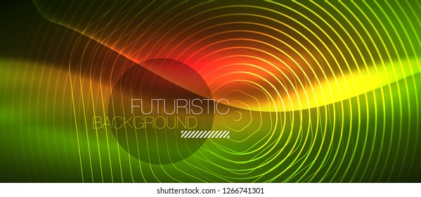 Neon glowing wave, magic energy and light motion background. Vector design wallpaper template
