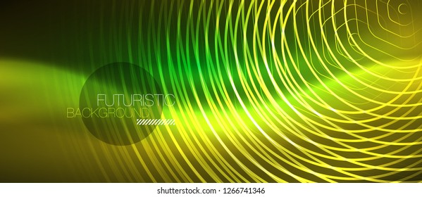 Neon glowing wave, magic energy and light motion background. Vector design wallpaper template