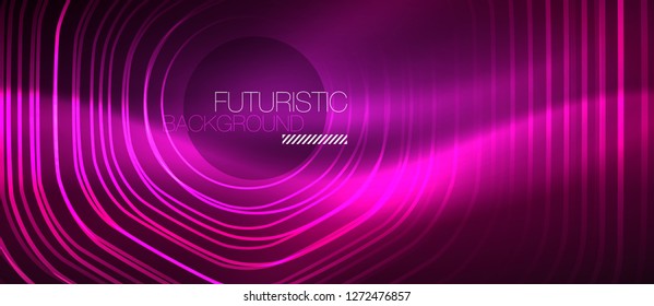 Neon glowing wave, magic energy and light motion background. Vector design wallpaper template