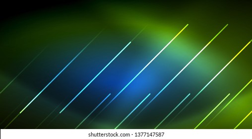 Neon glowing wave, magic energy and light motion background. Vector wallpaper template