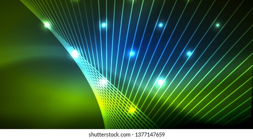 Neon glowing wave, magic energy and light motion background. Vector wallpaper template