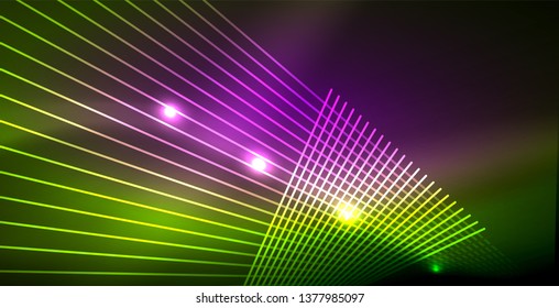 Neon glowing wave, magic energy and light motion background. Vector wallpaper template