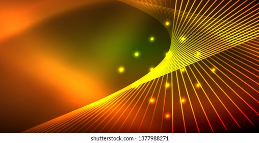 Neon glowing wave, magic energy and light motion background. Vector wallpaper template