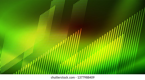 Neon glowing wave, magic energy and light motion background. Vector wallpaper template