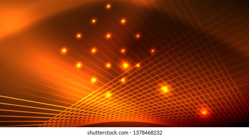 Neon glowing wave, magic energy and light motion background. Vector wallpaper template