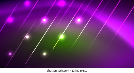 Neon glowing wave, magic energy and light motion background. Vector wallpaper template