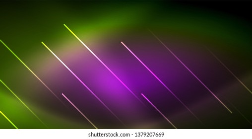 Neon glowing wave, magic energy and light motion background. Vector wallpaper template