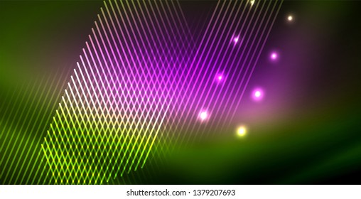 Neon glowing wave, magic energy and light motion background. Vector wallpaper template