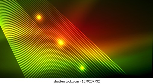 Neon glowing wave, magic energy and light motion background. Vector wallpaper template