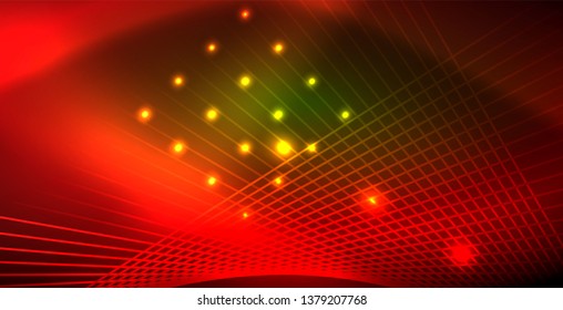 Neon glowing wave, magic energy and light motion background. Vector wallpaper template