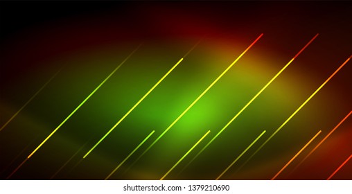 Neon glowing wave, magic energy and light motion background. Vector wallpaper template