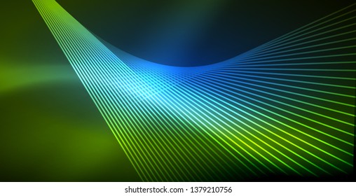 Neon glowing wave, magic energy and light motion background. Vector wallpaper template