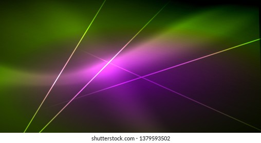Neon glowing wave, magic energy and light motion background. Vector wallpaper template