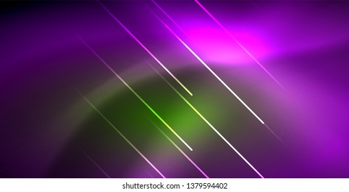 Neon glowing wave, magic energy and light motion background. Vector wallpaper template
