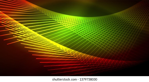 Neon glowing wave, magic energy and light motion background. Vector wallpaper template