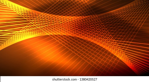 Neon glowing wave, magic energy and light motion background. Vector wallpaper template