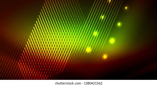 Neon glowing wave, magic energy and light motion background. Vector wallpaper template