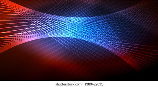 Neon glowing wave, magic energy and light motion background. Vector wallpaper template