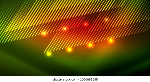 Neon glowing wave, magic energy and light motion background. Vector wallpaper template