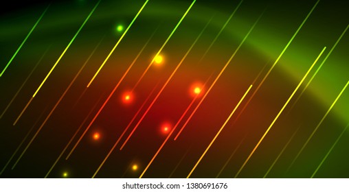 Neon glowing wave, magic energy and light motion background. Vector wallpaper template
