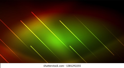 Neon glowing wave, magic energy and light motion background. Vector wallpaper template