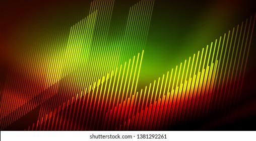 Neon glowing wave, magic energy and light motion background. Vector wallpaper template