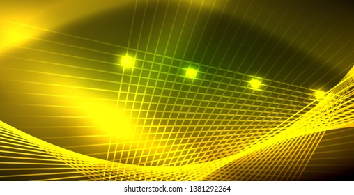 Neonleuchtende Welle, magische Energie und heller Hintergrund. Vektorhintergrundvorlage