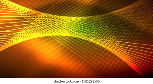 Neon glowing wave, magic energy and light motion background. Vector wallpaper template
