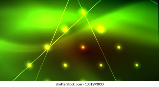 Neon glowing wave, magic energy and light motion background. Vector wallpaper template