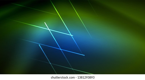 Neon glowing wave, magic energy and light motion background. Vector wallpaper template