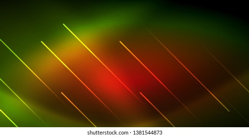 Neon glowing wave, magic energy and light motion background. Vector wallpaper template