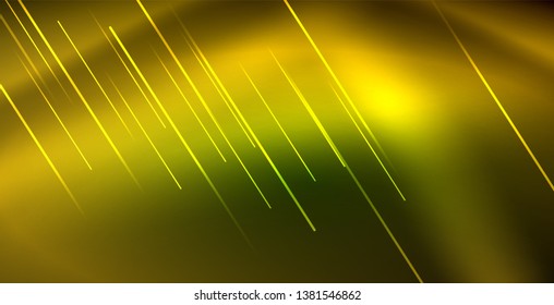 Neon glowing wave, magic energy and light motion background. Vector wallpaper template