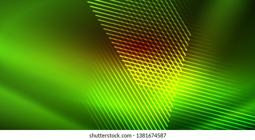 Neon glowing wave, magic energy and light motion background. Vector wallpaper template