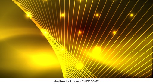 Neon glowing wave, magic energy and light motion background. Vector wallpaper template