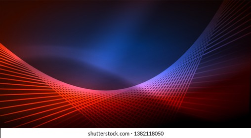 Neon glowing wave, magic energy and light motion background. Vector wallpaper template
