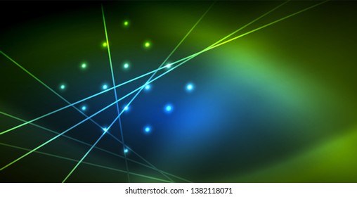 Neon glowing wave, magic energy and light motion background. Vector wallpaper template