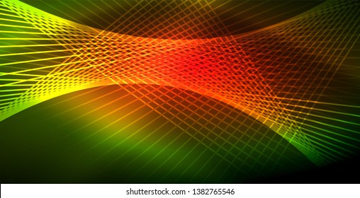 Neon glowing wave, magic energy and light motion background. Vector wallpaper template