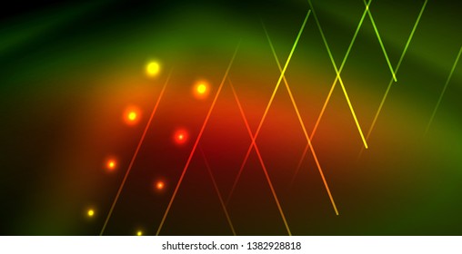 Neon glowing wave, magic energy and light motion background. Vector wallpaper template