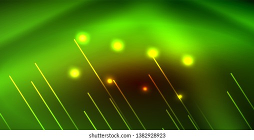 Neon glowing wave, magic energy and light motion background. Vector wallpaper template