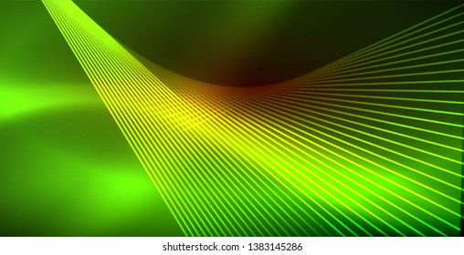 Neon glowing wave, magic energy and light motion background. Vector wallpaper template
