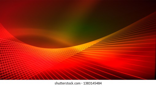 Neon glowing wave, magic energy and light motion background. Vector wallpaper template