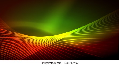 Neon glowing wave, magic energy and light motion background. Vector wallpaper template