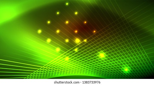 Neon glowing wave, magic energy and light motion background. Vector wallpaper template