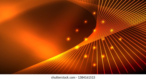Neon glowing wave, magic energy and light motion background. Vector wallpaper template