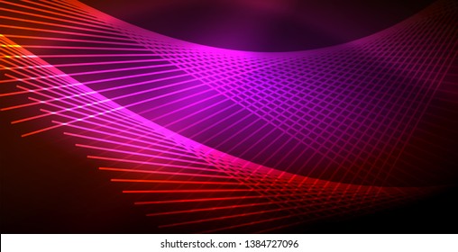 Neon glowing wave, magic energy and light motion background. Vector wallpaper template