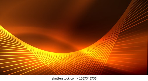 Neon glowing wave, magic energy and light motion background. Vector wallpaper template