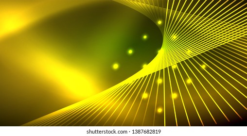 Neon glowing wave, magic energy and light motion background. Vector wallpaper template