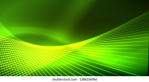 Neon glowing wave, magic energy and light motion background. Vector wallpaper template