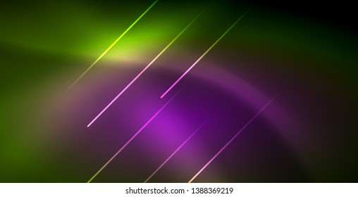 Neon glowing wave, magic energy and light motion background. Vector wallpaper template