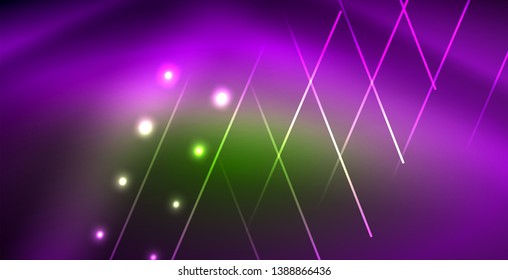Neon glowing wave, magic energy and light motion background. Vector wallpaper template